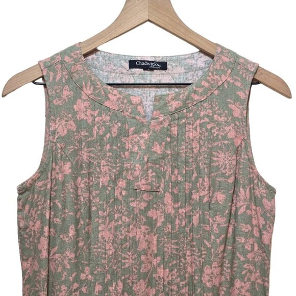 Chadwicks of Boston Green Floral Linen Blend Pleated Sleeveless Midi Dress Sz S - Picture 2 of 9